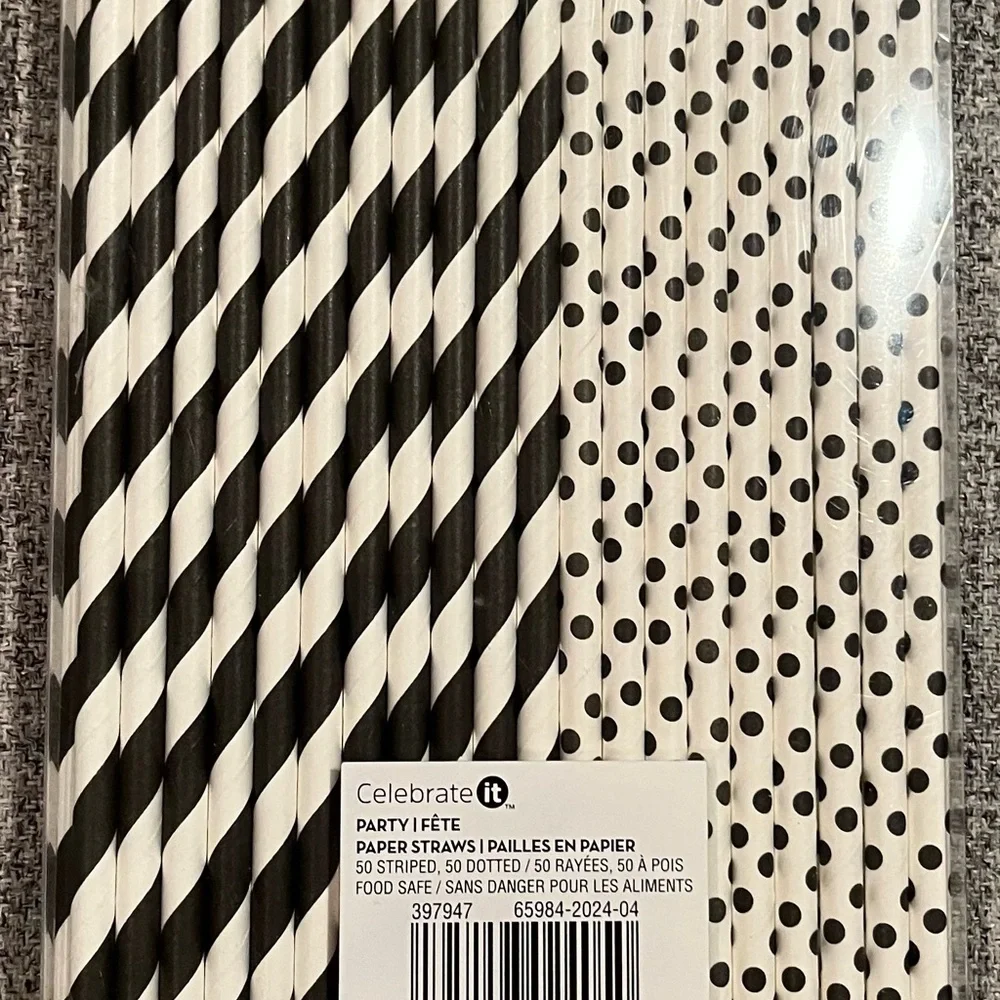 Celebrate It Black and White Polka Dot and Stripe Paper Straws